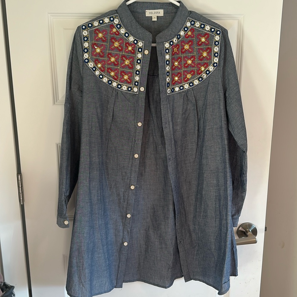 Denim coloured embellished shirt. Size M, like new